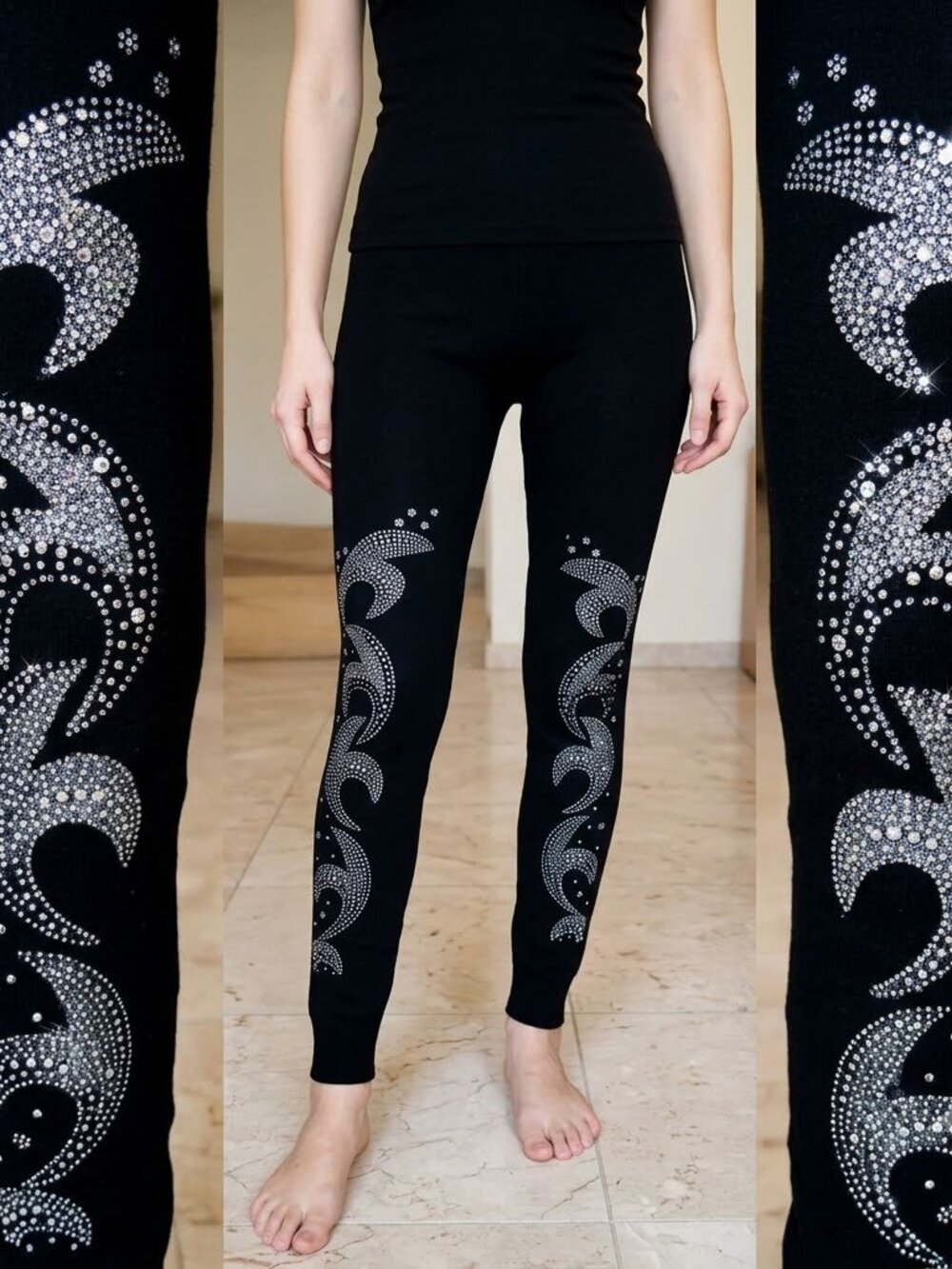 NWT Black Crystal Rhinestone Embellished Leggings Swirl Accent